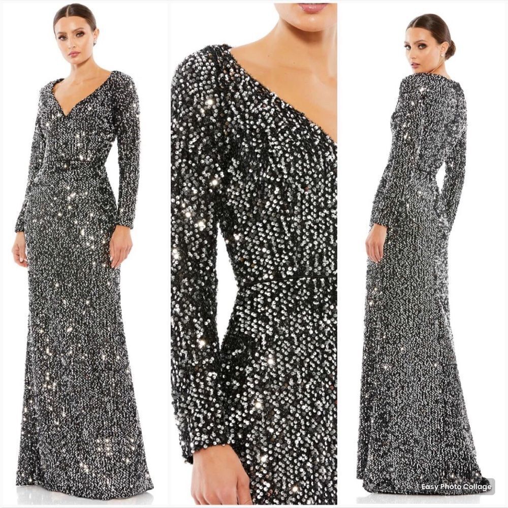 Mac Duggal 26445 Womens Long Sleeve Sequin Gown Black Silver 14
